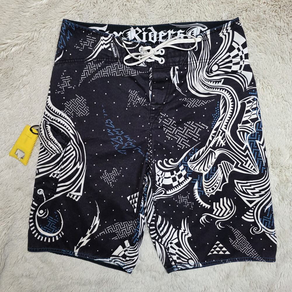 Y2K Fox Riders Co Racing Board Shorts Men 32 Black White Bottle Opener Wax Tool